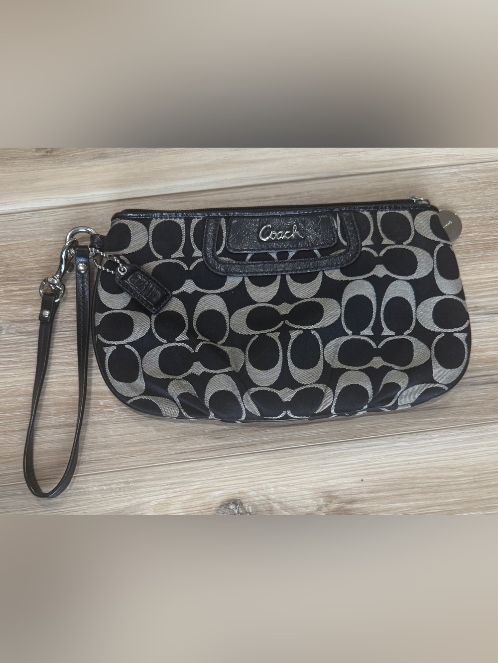 Vintage Y2K Coach Monogram Canvas Wristlet Clutch Black & Tan Leather Trim